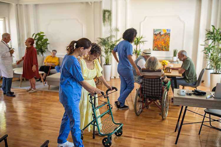 Nurses and residents inside of a skilled nursing facility in Shreveport, LA